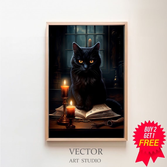 Black Cat Sitting With Open Book and Candles at Night Poster