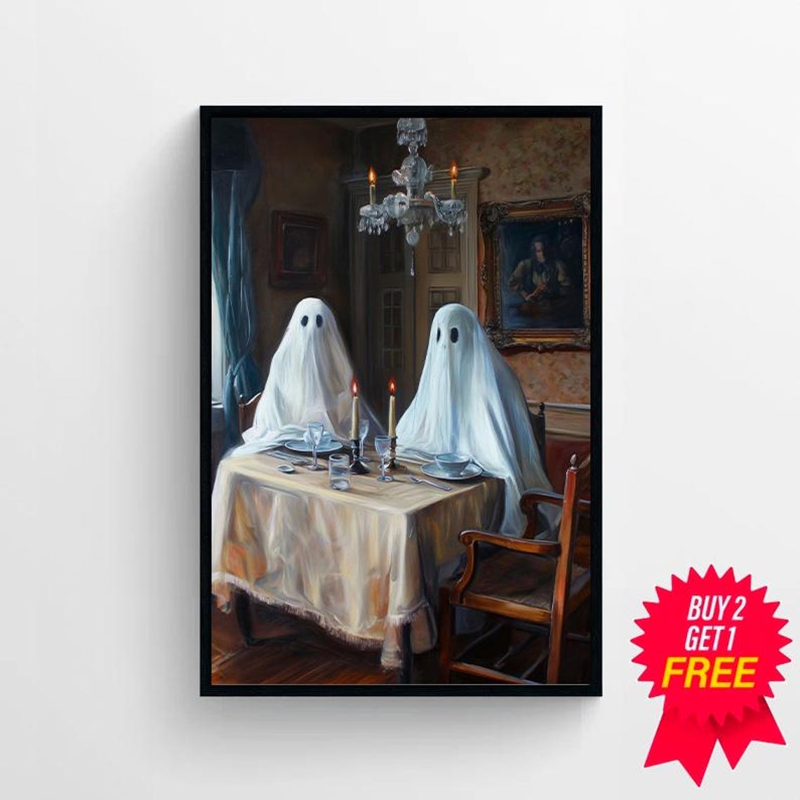 Two Sheet Ghosts Sharing a Candlelit Dinner Vintage Halloween Poster - Image 4