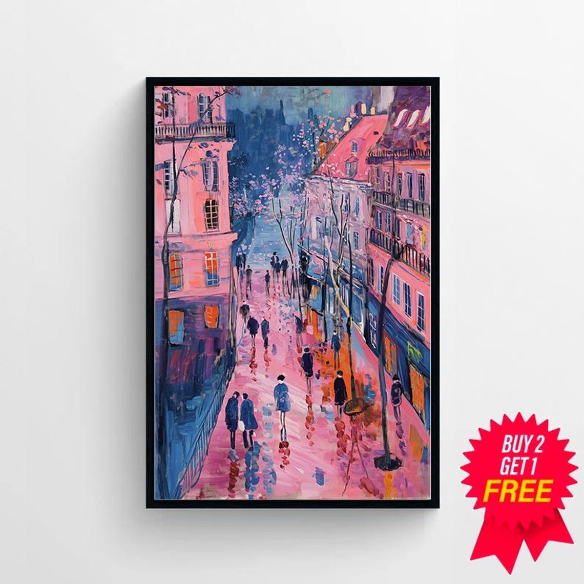 Pink Parisian Street at Dusk Rainy Cityscape Oil Painting Poster - Image 4