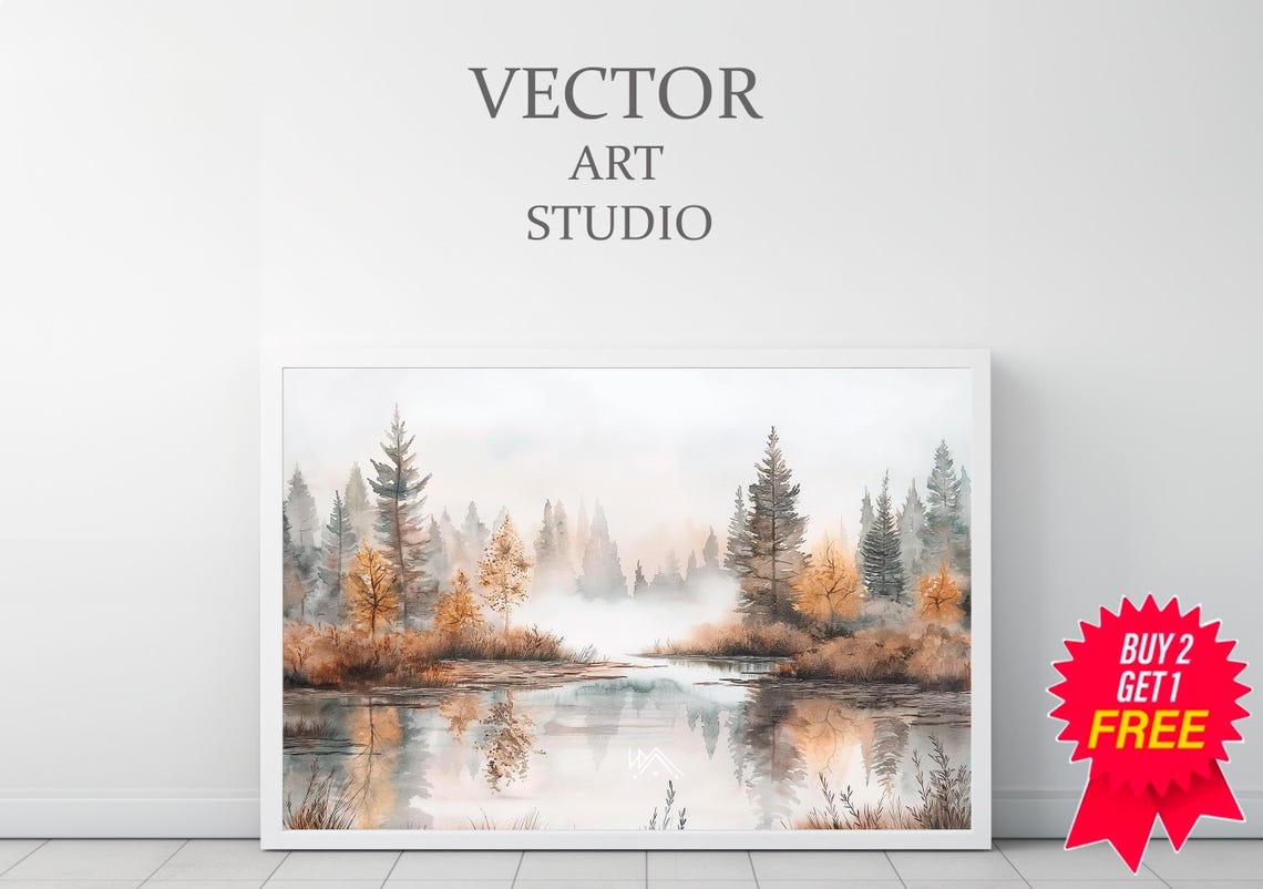 Misty Autumn Lake Watercolor With Golden Forest Reflection Wall Art - Image 3