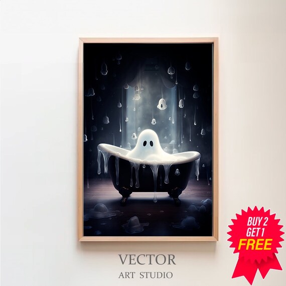 Cute Ghost in a Foam-Filled Black Tub Beneath Falling Moonlight Poster