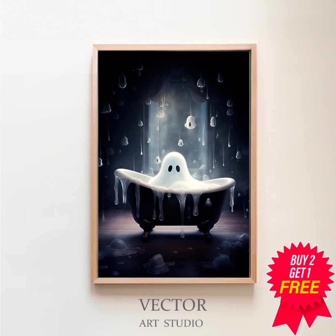 Cute Ghost in a Foam-Filled Black Tub Beneath Falling Moonlight Poster