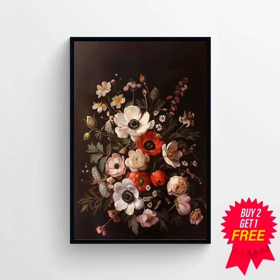 Moody Dark Floral Bouquet White Anemones and Red Poppies Poster - Image 4