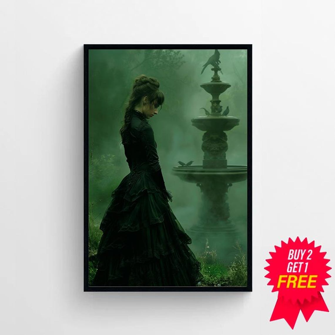 Victorian Woman In Black Dress With Crow Perched Fountain Poster - Image 4