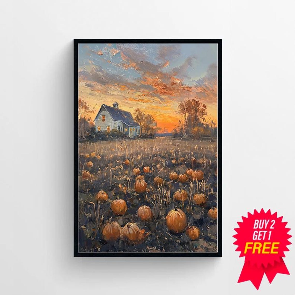 Blue Farmhouse at Sunset Pumpkin Patch Autumn Painting Poster - Image 4