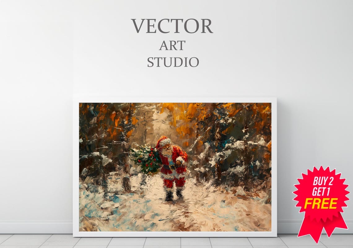 Santa Claus Carrying Christmas Tree Through Snowy Forest Oil Poster - Image 3