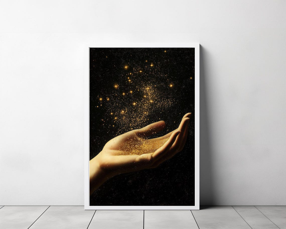 Golden Stardust Falling From Open Hand On Black Cosmic Poster - Image 3