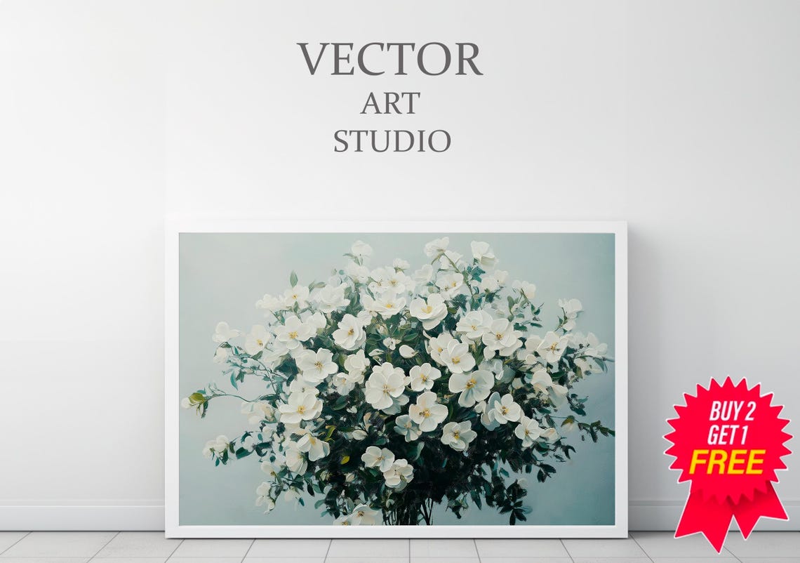 White Spring Blossoms Bouquet Soft Pale Blue Botanical Art Print - Image 3