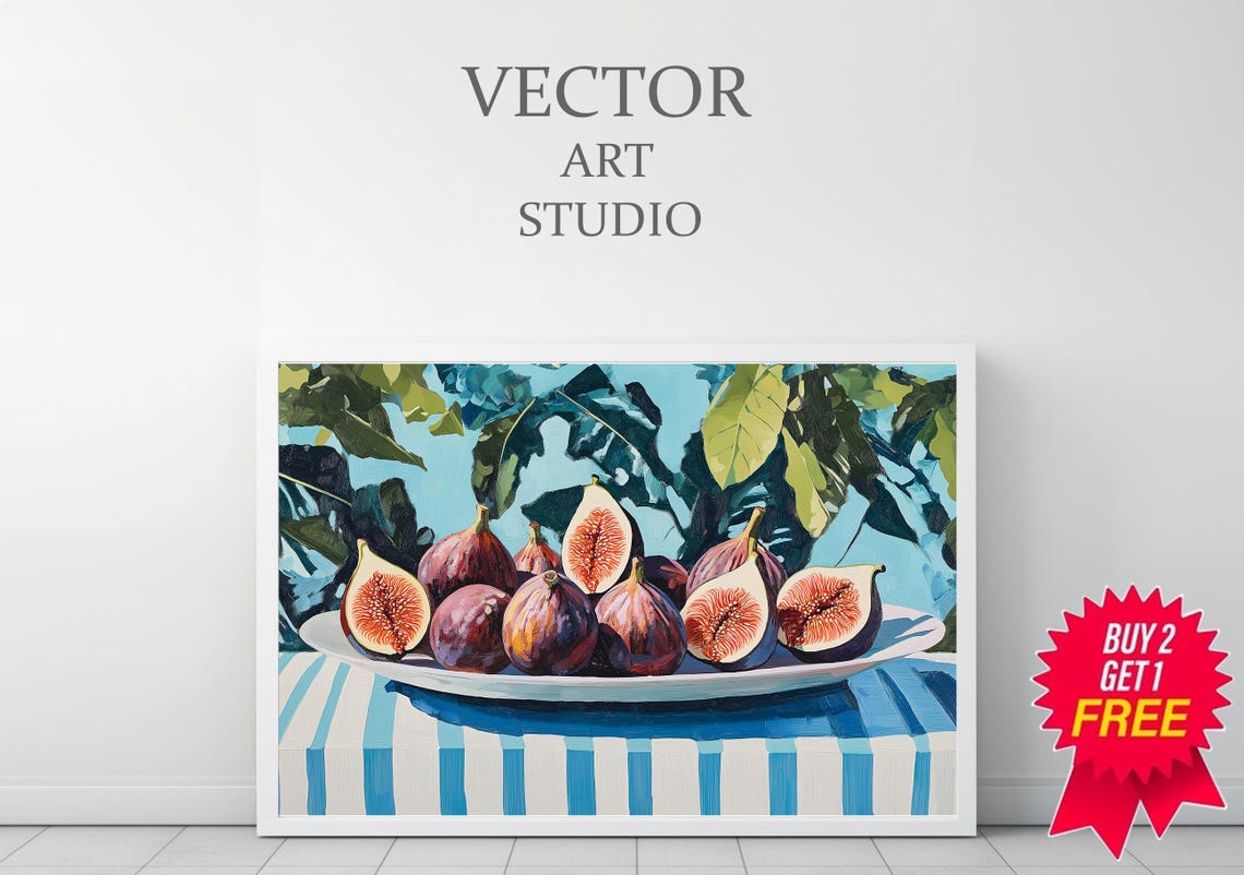Fig Still Life on Striped Cloth Mediterranean Summer Art Print - Image 3