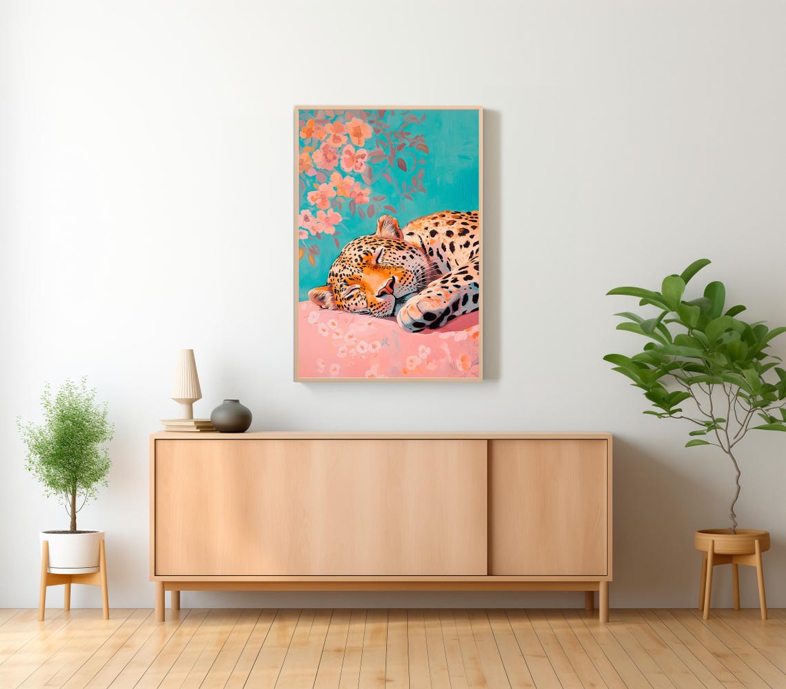 Wall Art Sleeping Leopard Maximalist Oil Painting Kitsch Wild Animal Eclectic Floral Print Bold Pink Dopamine Bedroom Poster - Image 2