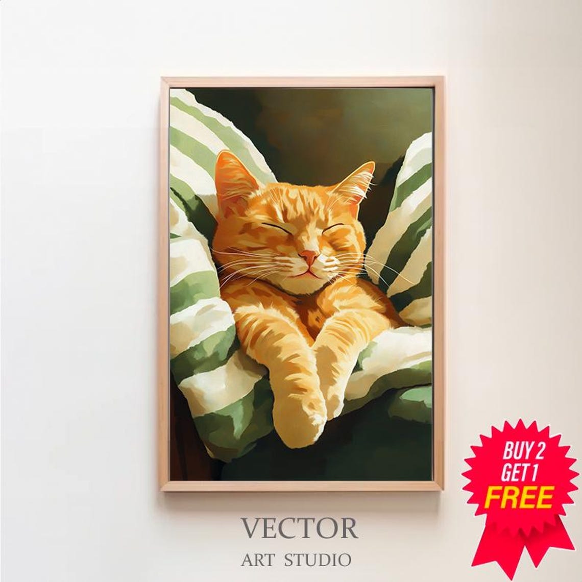 Smiling Orange Cat Napping With Paws Crossed on Striped Pillow Poster