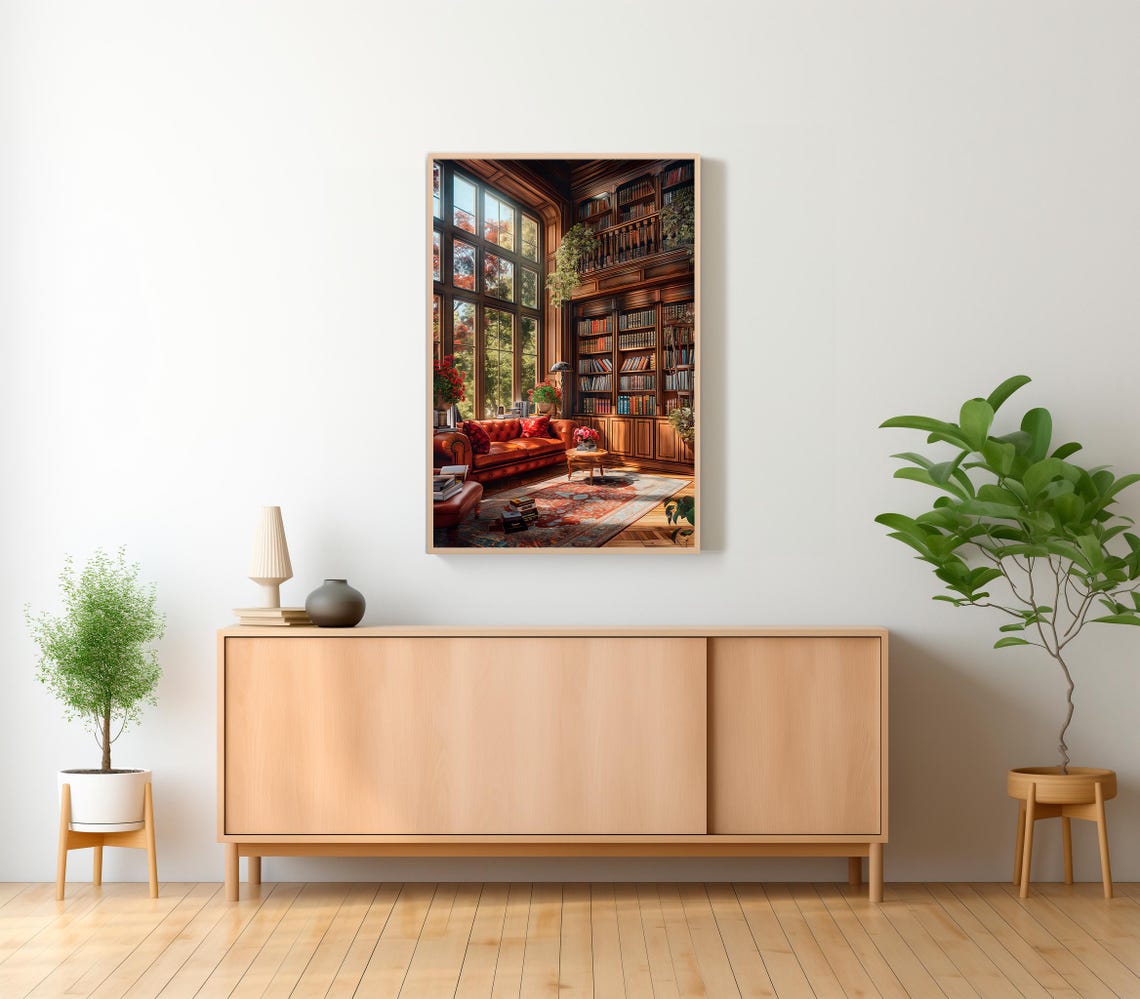 Cozy Wood-Paneled Autumn Library Corner with Leather Sofa Poster - Image 2