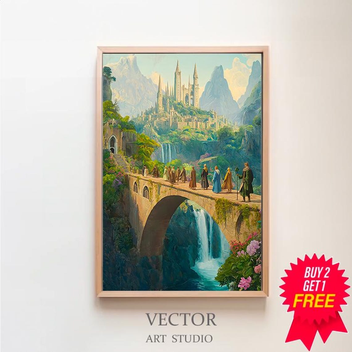 Fantasy Fellowship Mountain Castle Stone Bridge Valley Art Poster