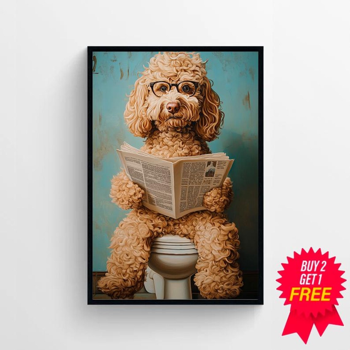Goldendoodle With Glasses Reading Newspaper On The Toilet Dog Poster - Image 4