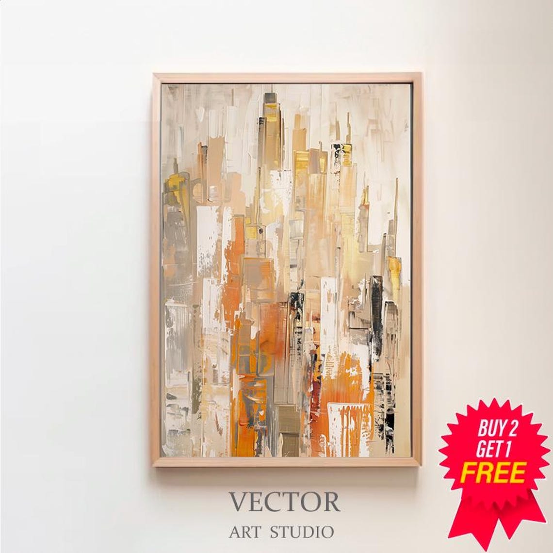 Gold and White Abstract City Skyline Painting in Modern Style Poster