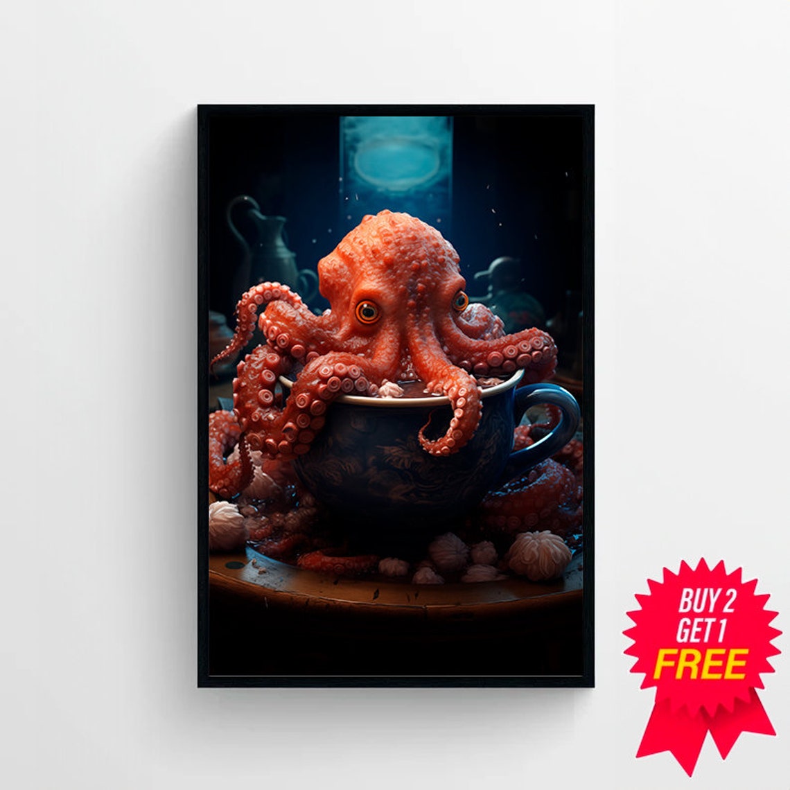 Octopus In A Tea Cup Oil Painting Octopus Decor Gothic Kitchen Decor Dark Humor Moody Kitchen Wall Art Whimsy Animal Art - Image 4
