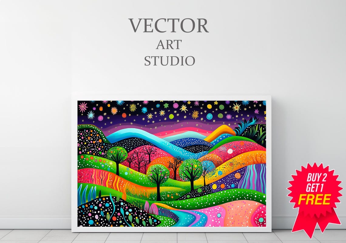 Colorful Night Hills Under a Starry Sky Abstract Fantasy Art Poster - Image 3