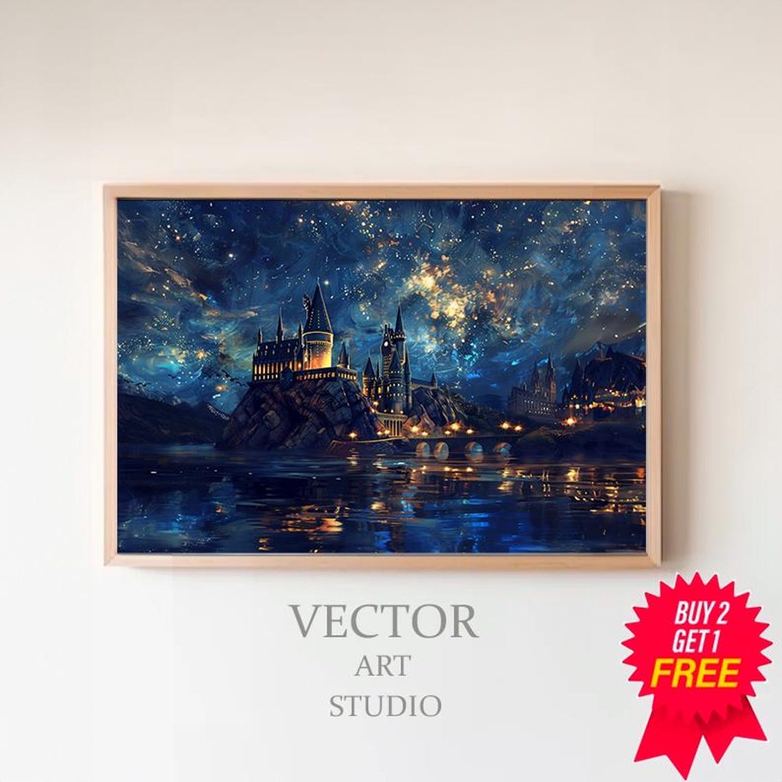 Night Castle Under Swirling Starry Sky Fantasy Oil Painting Print
