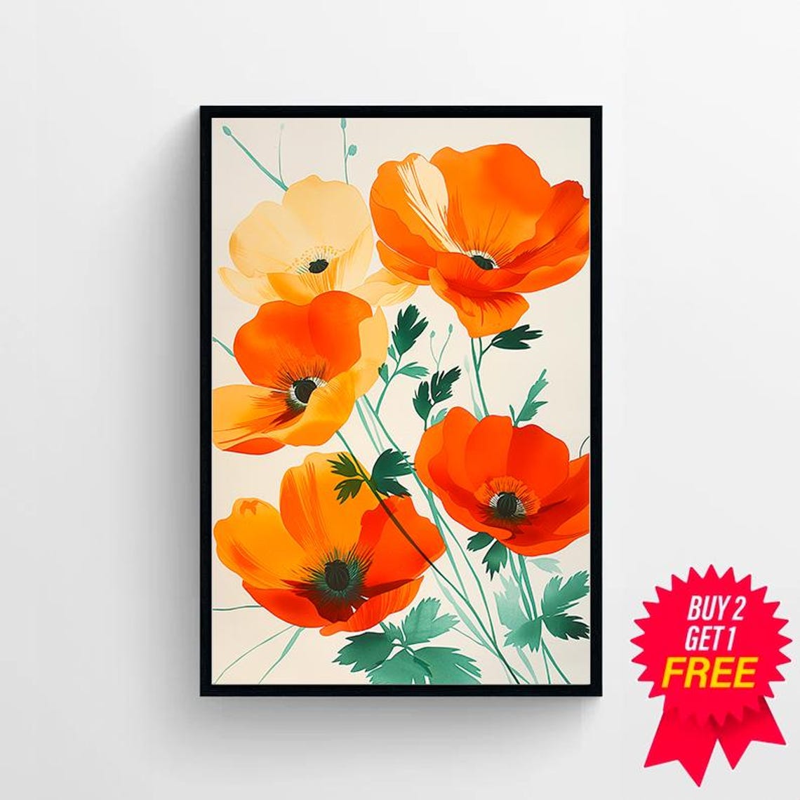 Orange Poppy Blossoms on Cream Modern Botanical Style Poster - Image 4