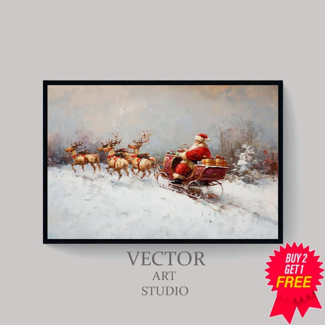 Santa And Six Reindeer Sleigh Crossing An Open Snowfield Poster - Image 4