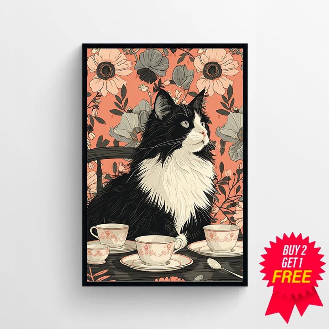 Elegant Tuxedo Cat With Teacups on a Dark Table Botanical Poster - Image 4