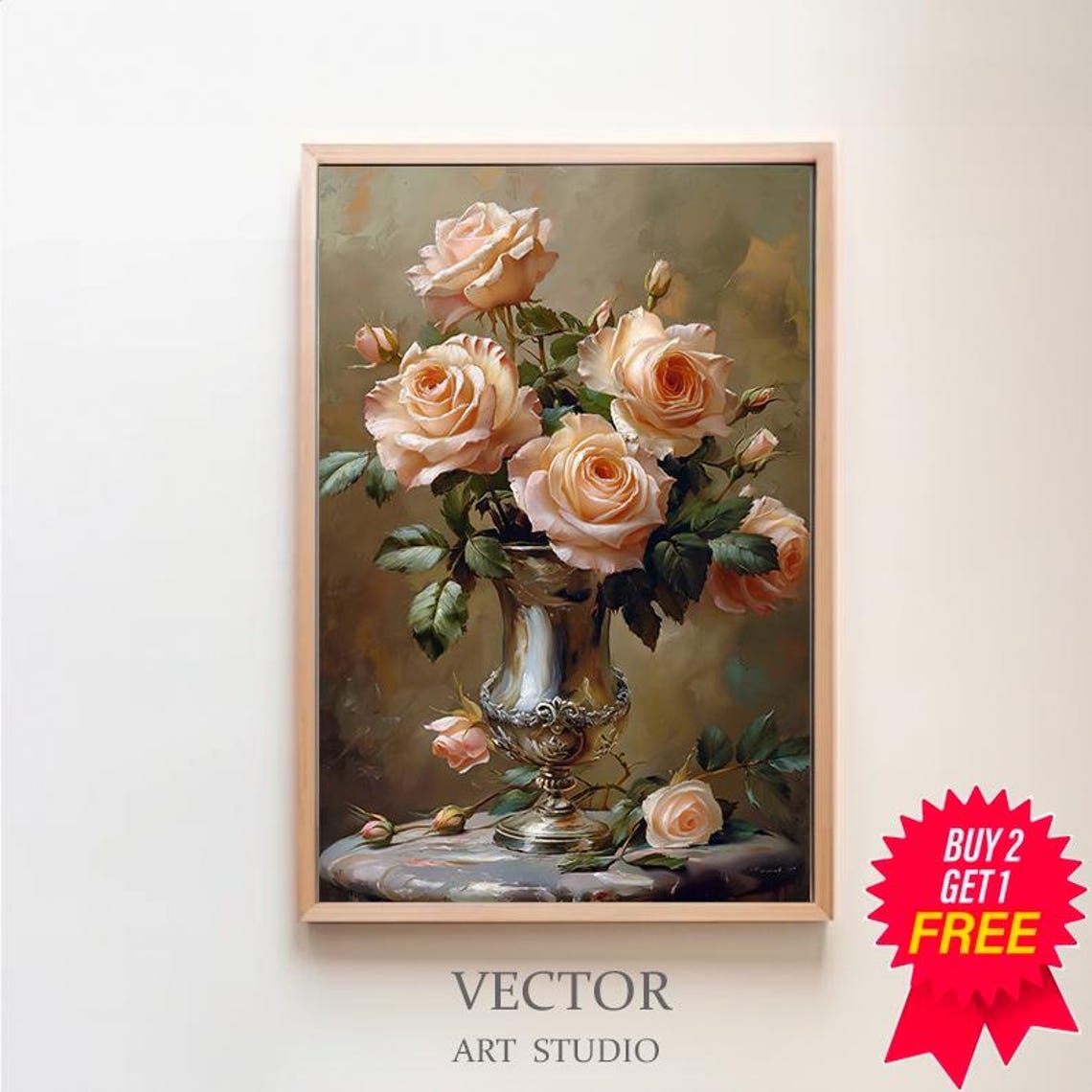 Peach Roses in Silver Vase Vintage Still Life Floral Fine Art Poster