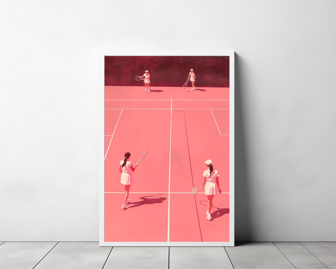 Pink Tennis Court Minimalist Illustration with Four Players Poster - Image 3