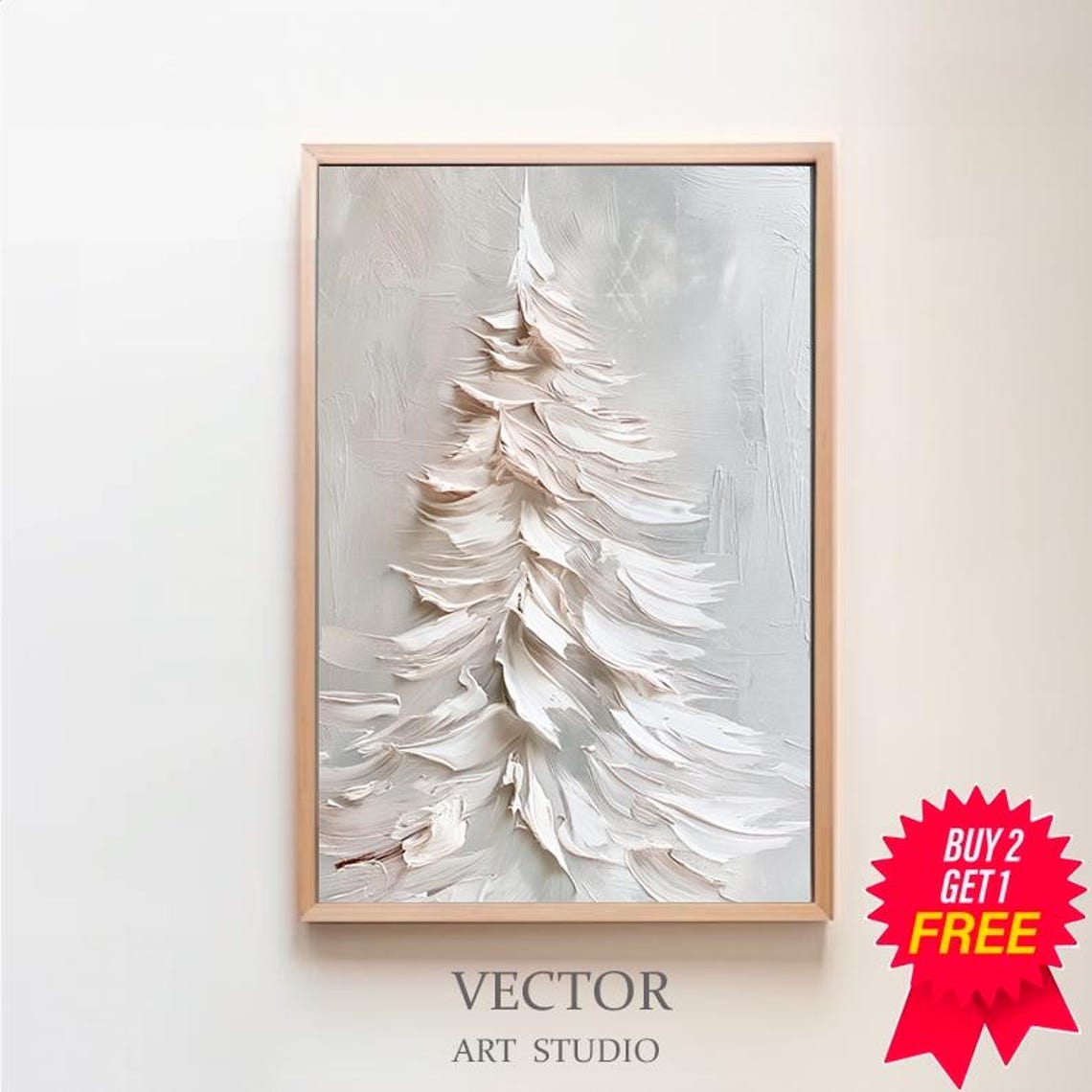 Snowy White Pine Tree Textured Impasto Minimalist Winter Poster