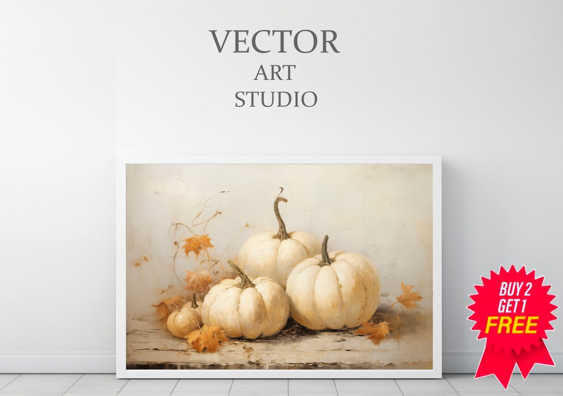 White Pumpkin Still Life with Fall Leaves Rustic Autumn Poster - Image 3