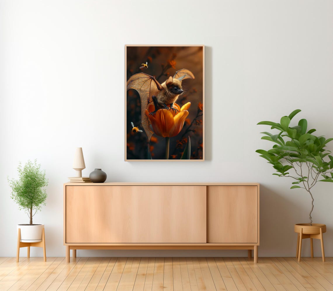 Baby Bat on Orange Tulip with Bees Whimsical Fantasy Art Poster - Image 2