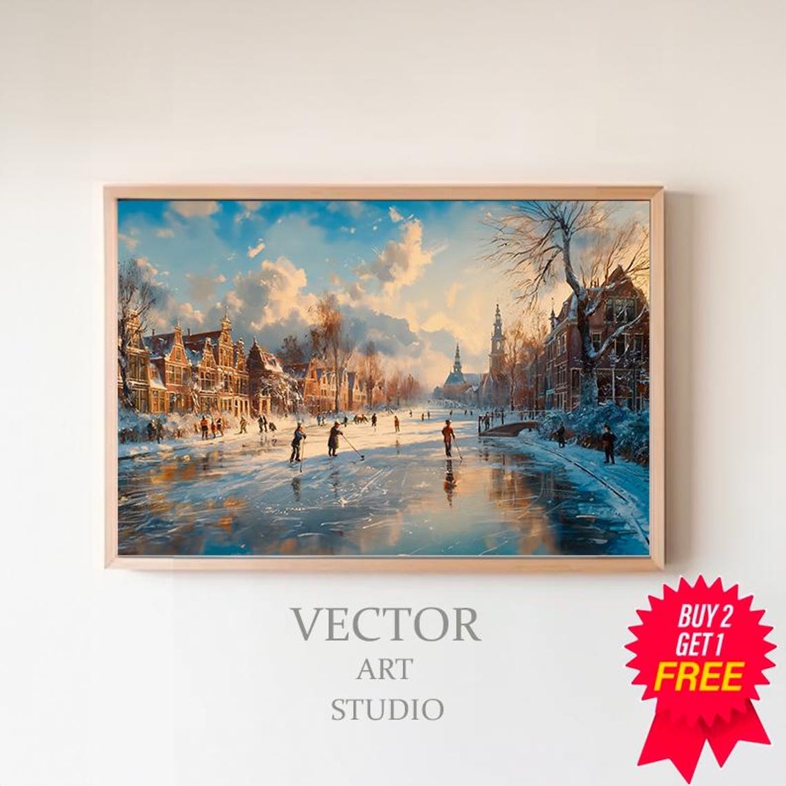 Sunset Canal Ice Skaters Dutch Town Winter Street Scene Poster