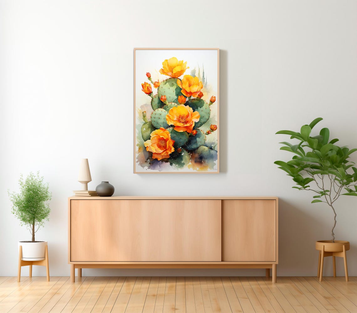 Blooming Prickly Pear Cactus with Yellow Blossoms Botanical Poster - Image 2