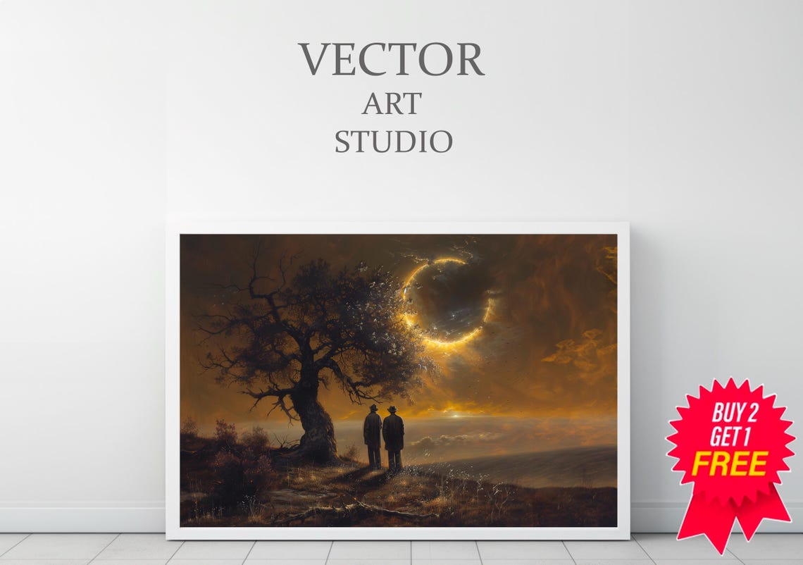 Two Men Under a Solar Eclipse Gnarled Tree Moody Painting Poster - Image 3