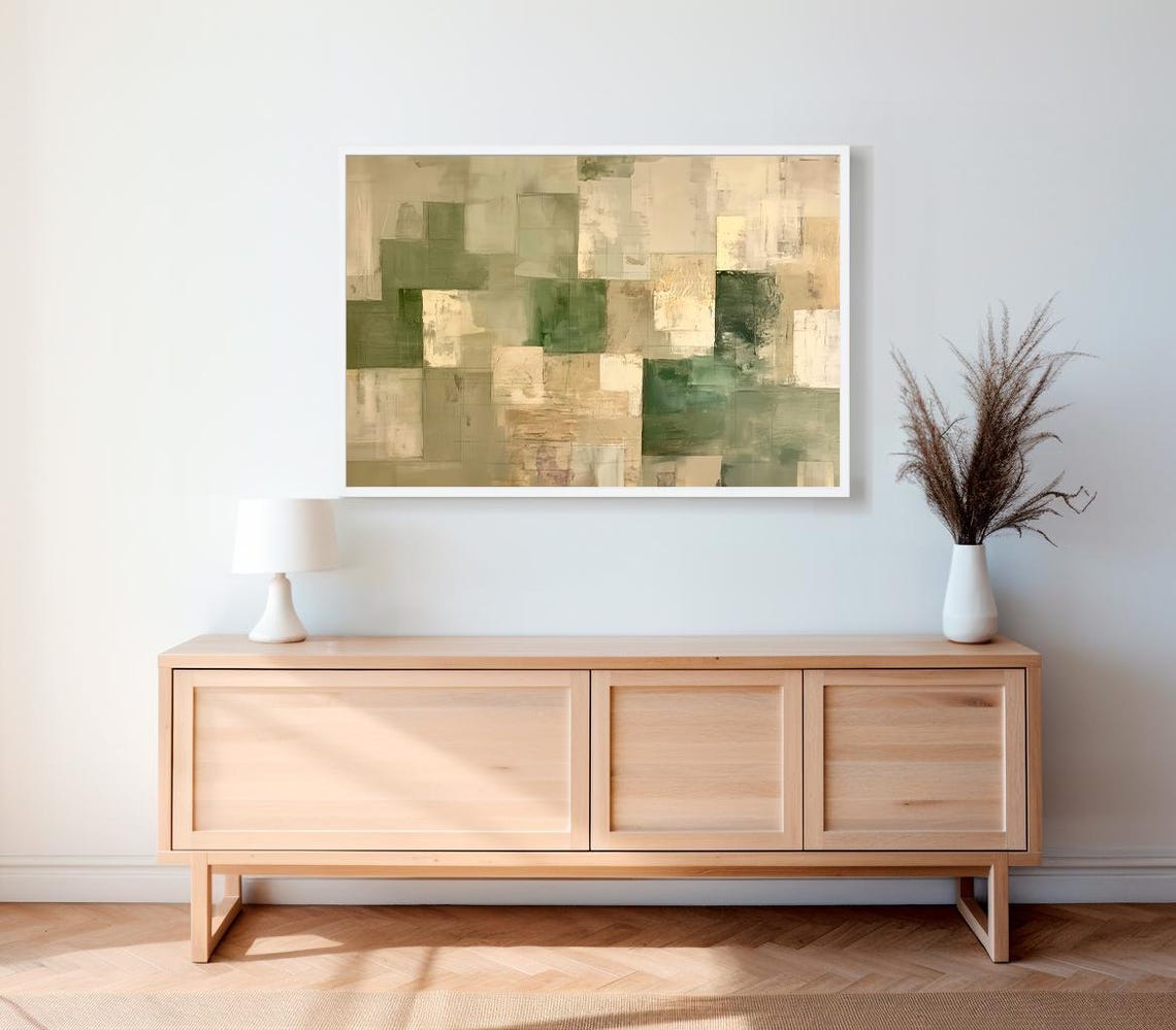 Rustic Green Abstract Winter Frame Tv Art Beige Contemporary Tv Art Geometric Minimalist Modern Oil Painting - Image 2