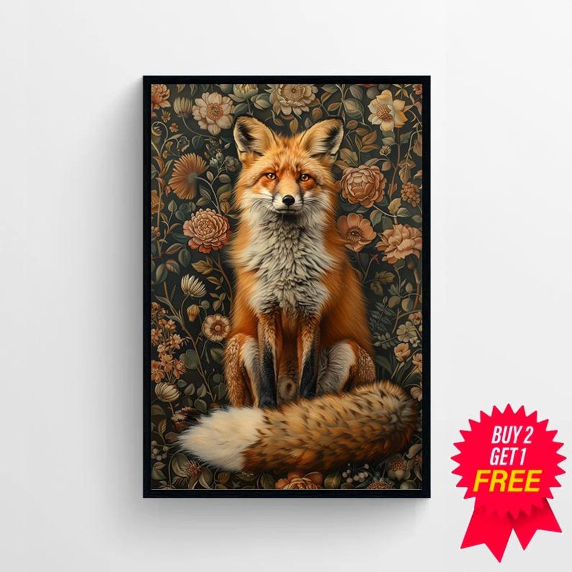 Red Fox in Vintage Floral Tapestry Woodland Botanical Poster - Image 4