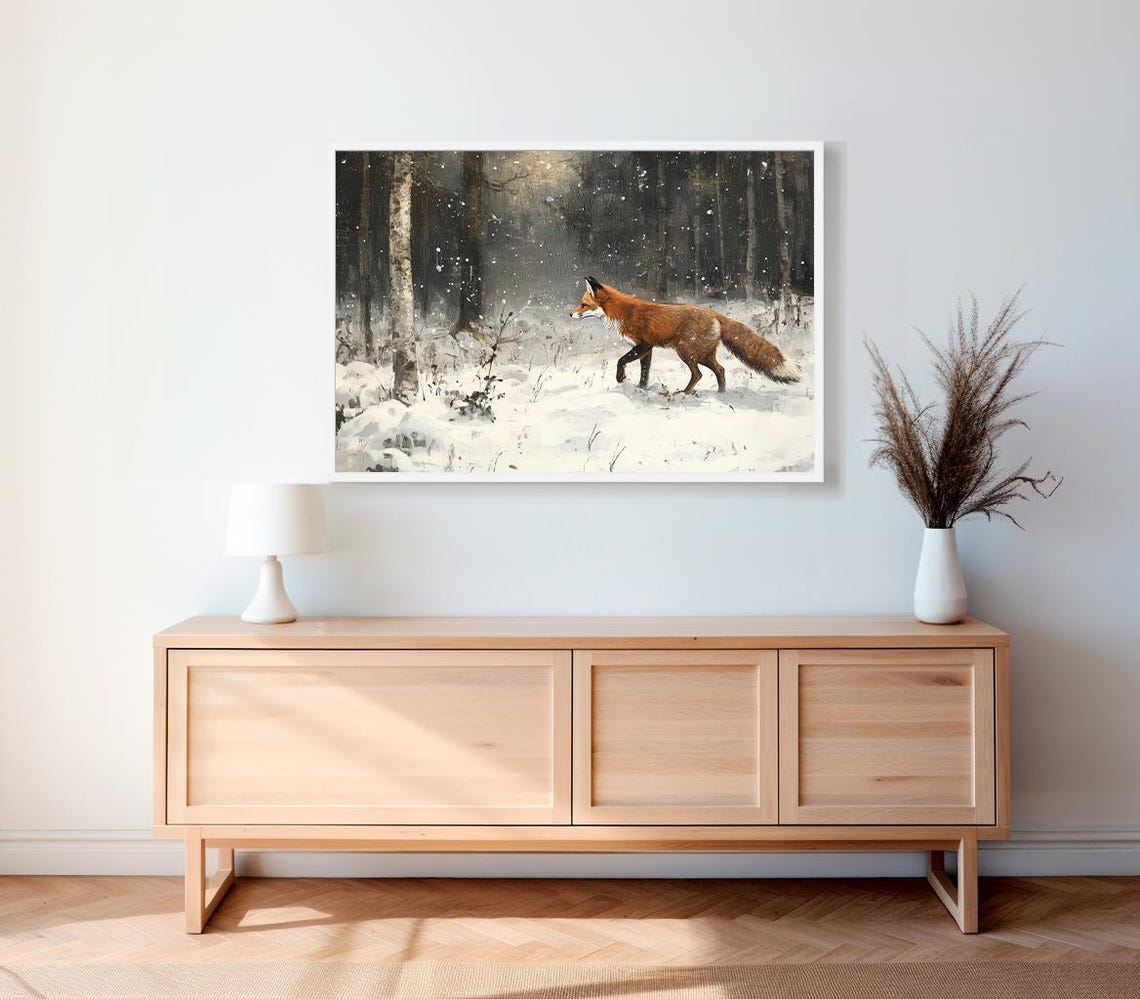 Red Fox Prowling Snowy Dark Pine Forest Vintage Winter Poster - Image 2