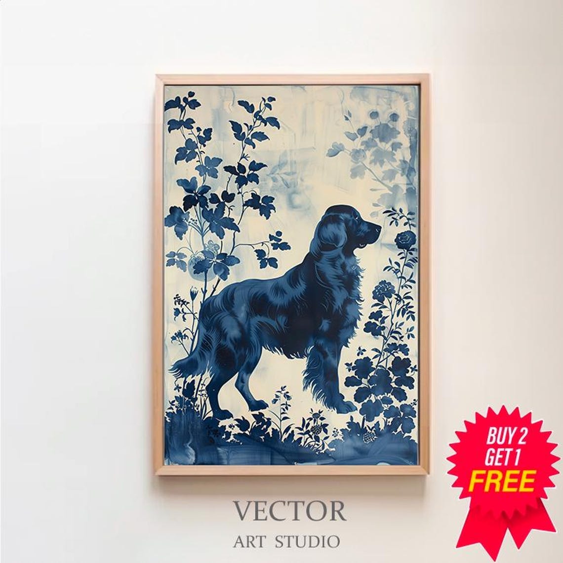 Blue Porcelain Style Dog Among Floral Branches Chinoiserie Art Print