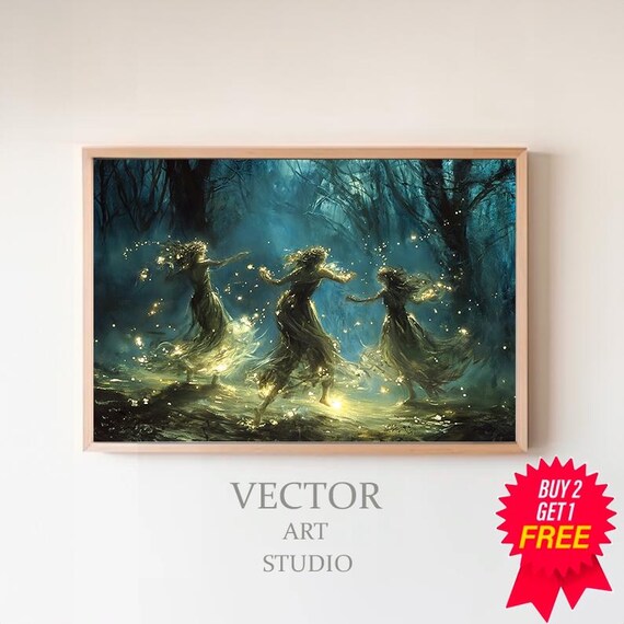 Blue Moonlit Forest Fairy Dance with Golden Sparkle Fantasy Poster