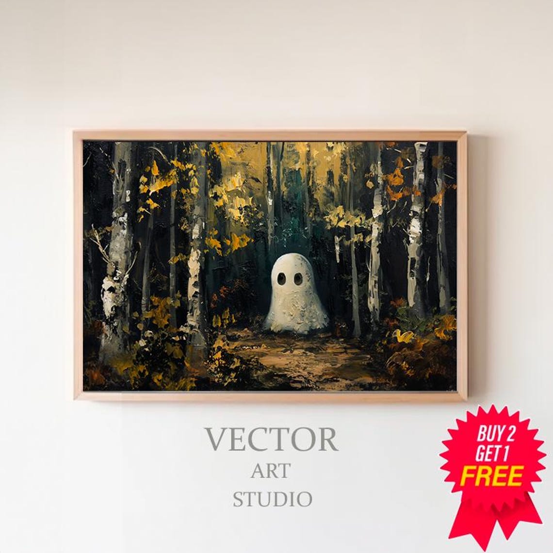Small Ghost In Golden Autumn Birch Forest Thick Impasto Style Poster