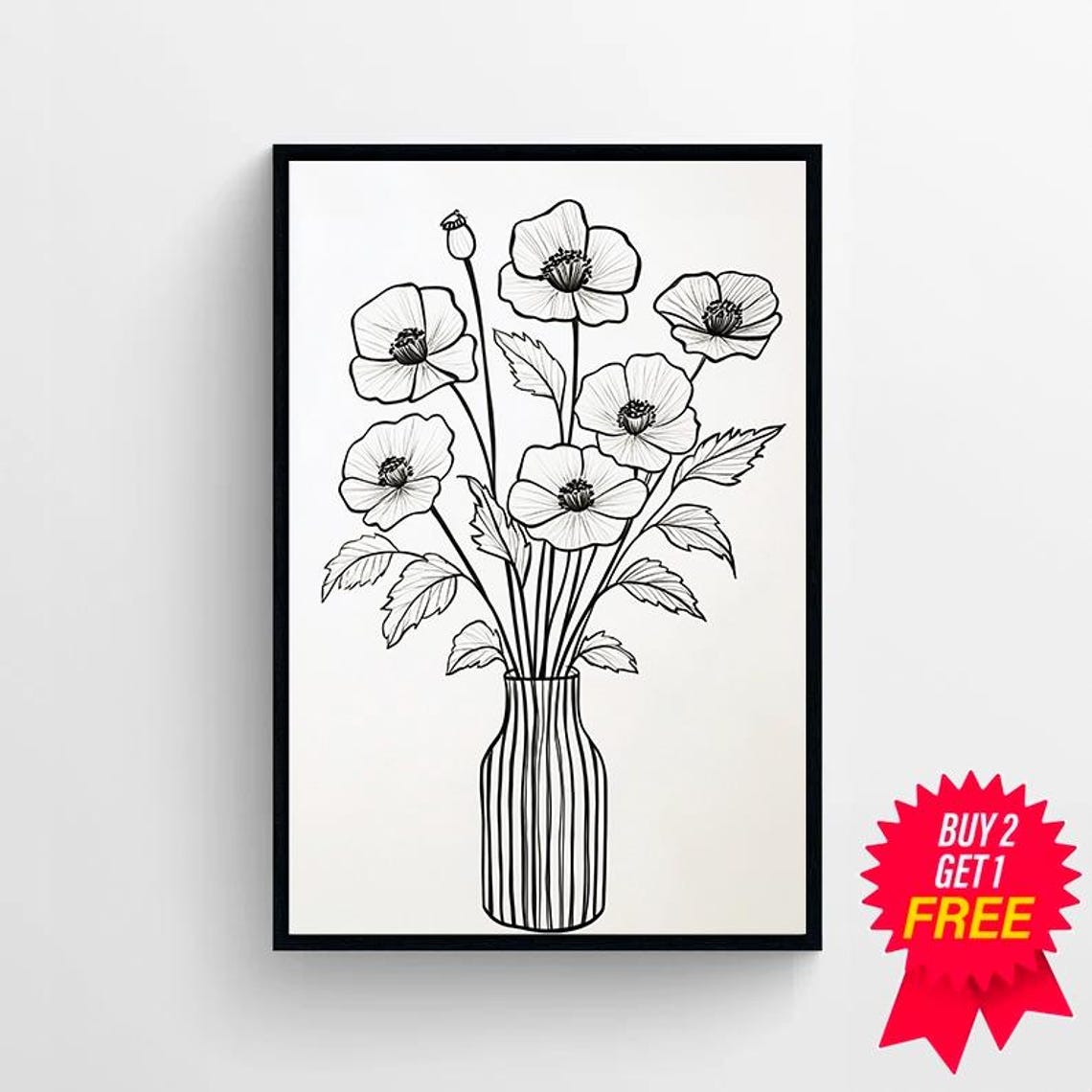 Black and White Poppy Line Drawing in a Tall Striped Vase Poster - Image 4