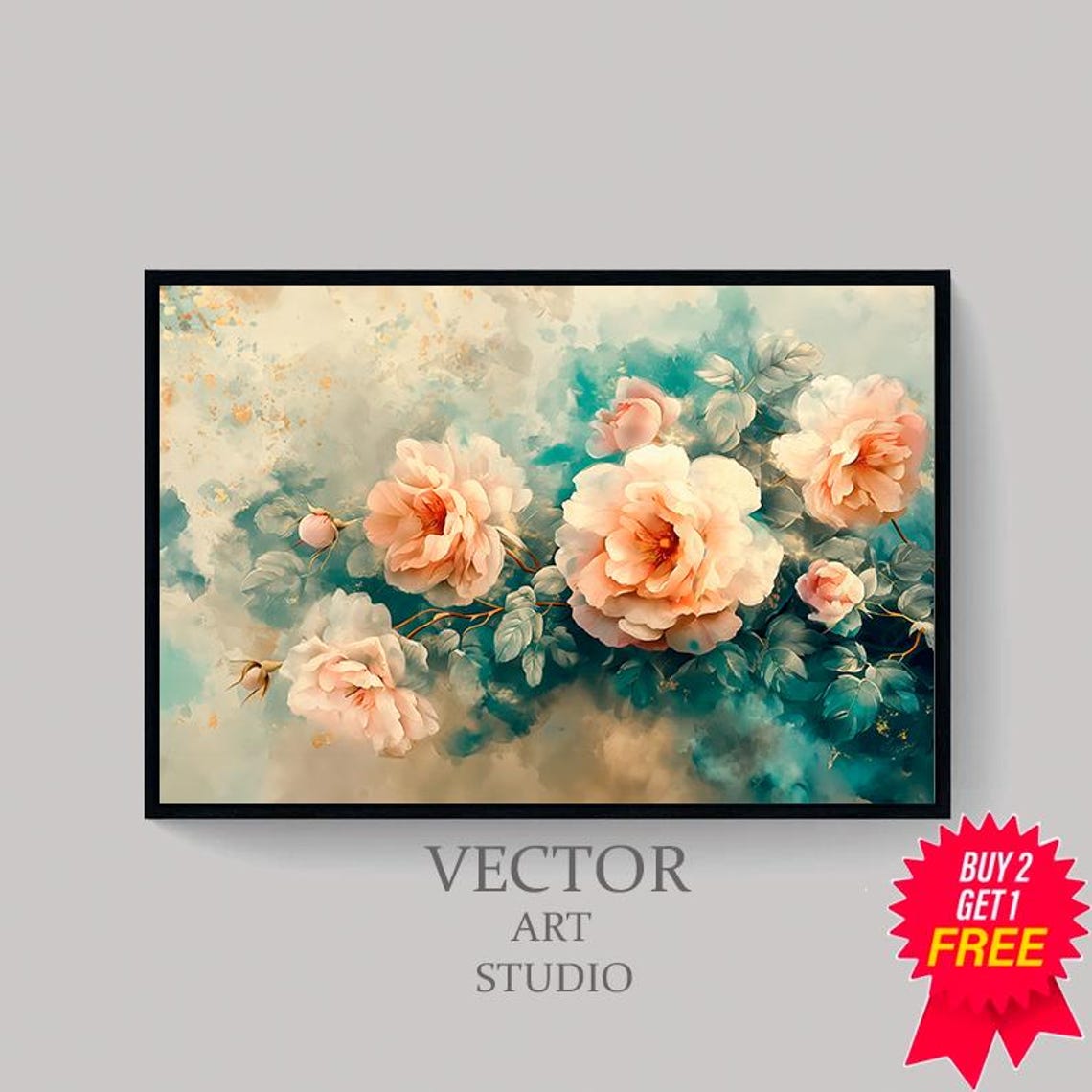 Blush Apricot Roses On Cream Teal Watercolor Floral Bloom Poster - Image 4
