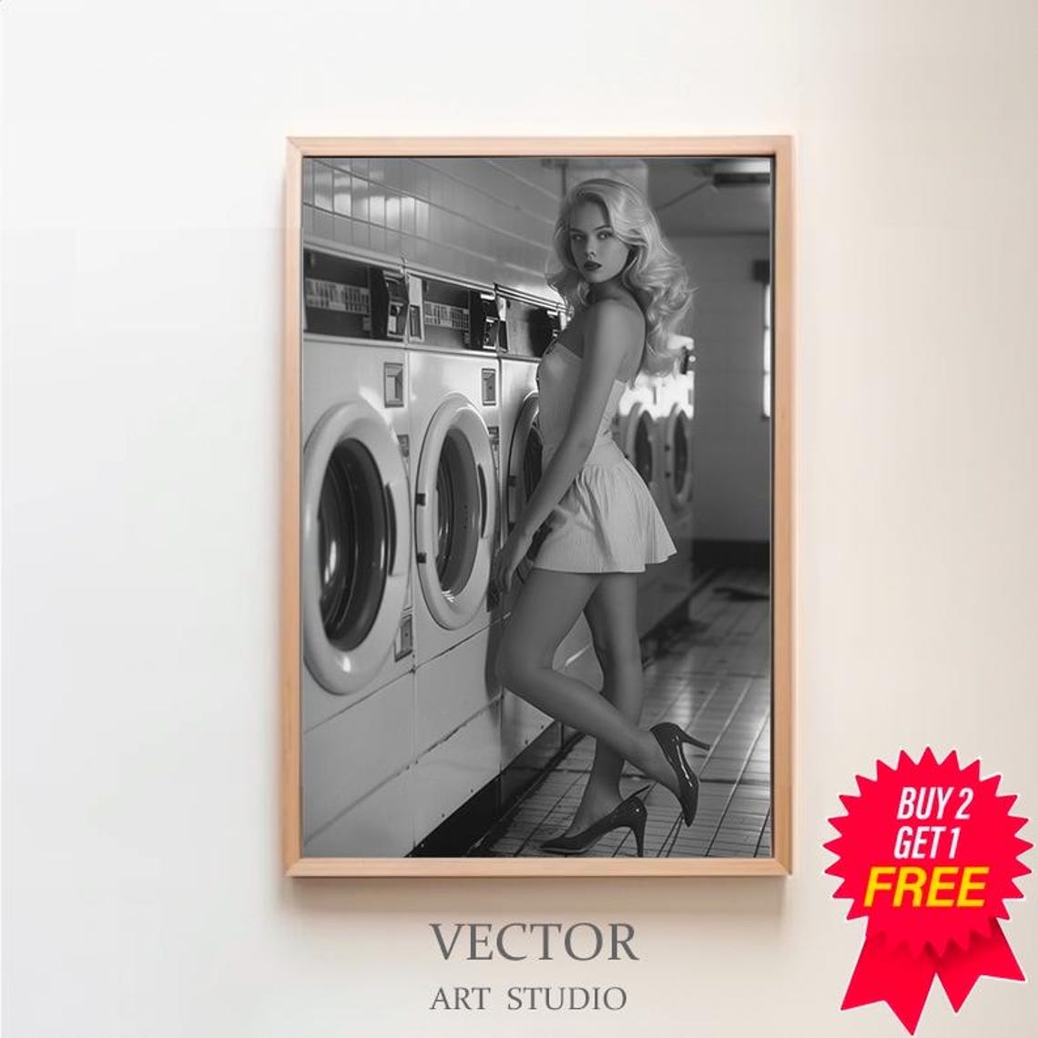 Retro Blonde Pin Up Woman Posing by Washing Machines Laundromat Poster