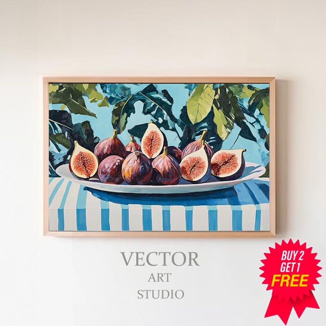 Fig Still Life on Striped Cloth Mediterranean Summer Art Print