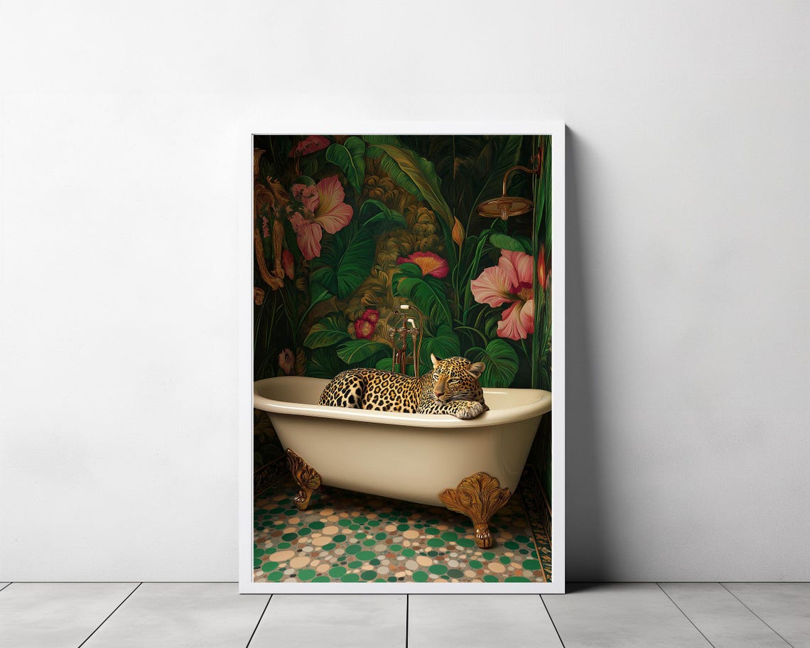 Wall Art Leopard In A Bathtub Maximalist Oil Painting Colorful Trendy Kitsch Bathroom Print Vivid Bold Dopamine Animal Picture - Image 3