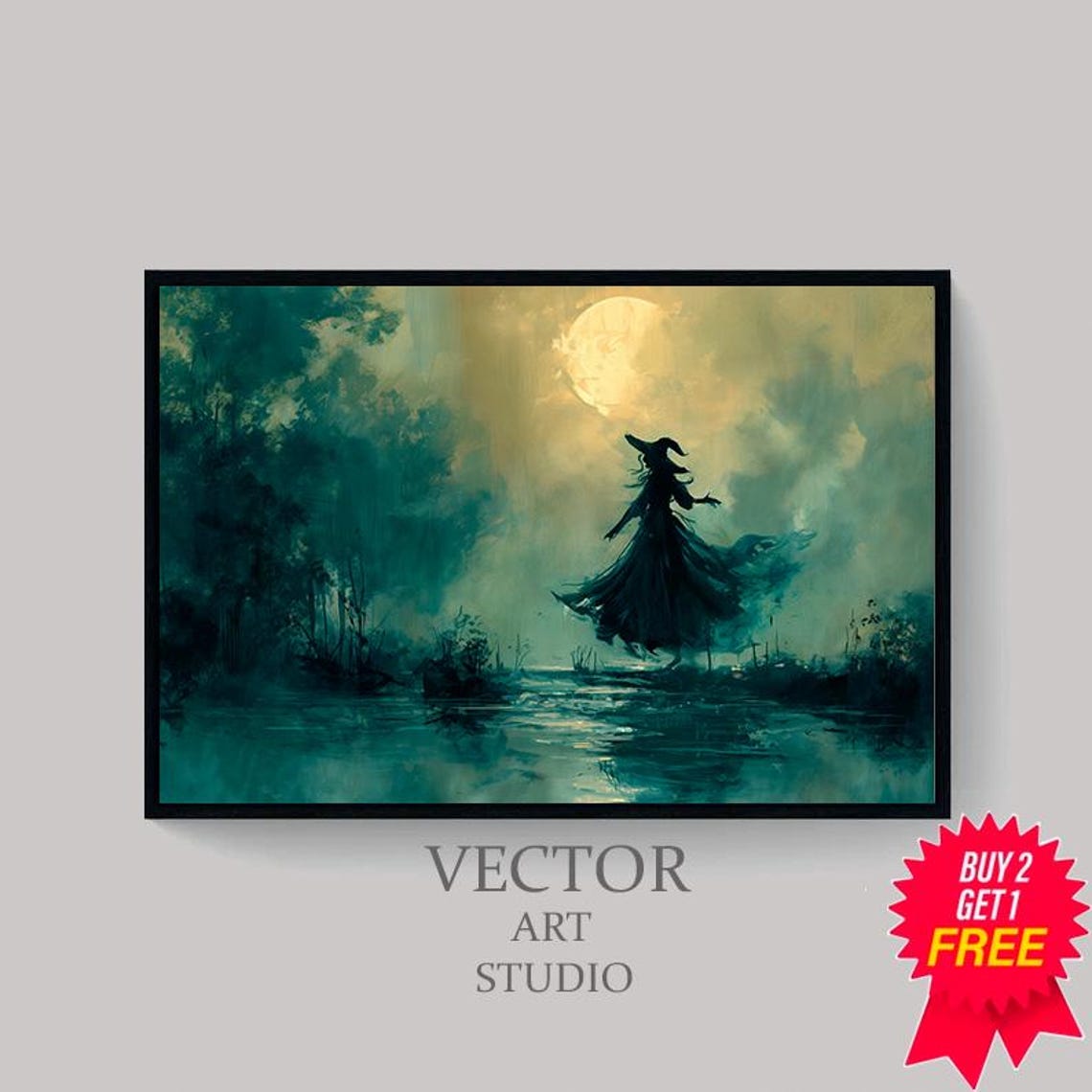 Witch Silhouette in a Misty Moonlit Swamp Spooky Halloween Poster - Image 4
