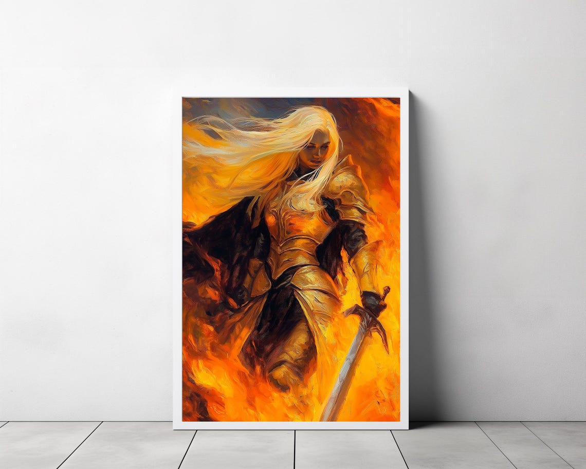 Blonde Warrior Woman in Golden Armor Amid Flames Fantasy Art Poster - Image 3