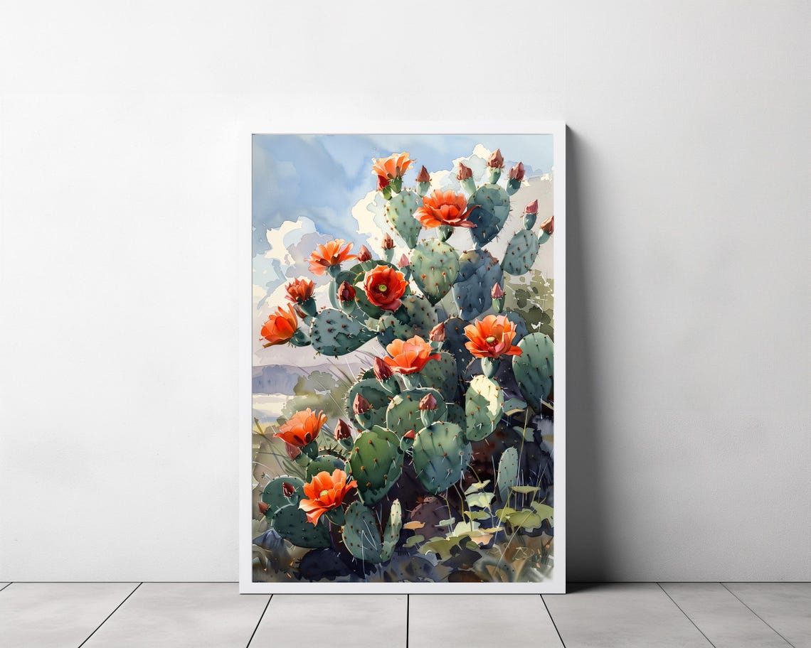 Orange Blooming Prickly Pear Cactus Under Blue Sky Watercolor Poster - Image 3