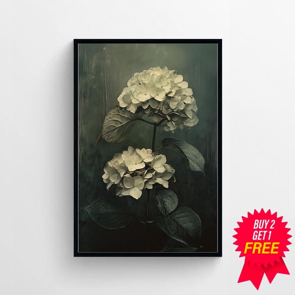 Elegant White Hydrangea on Moody Dark Green Botanical Poster - Image 4