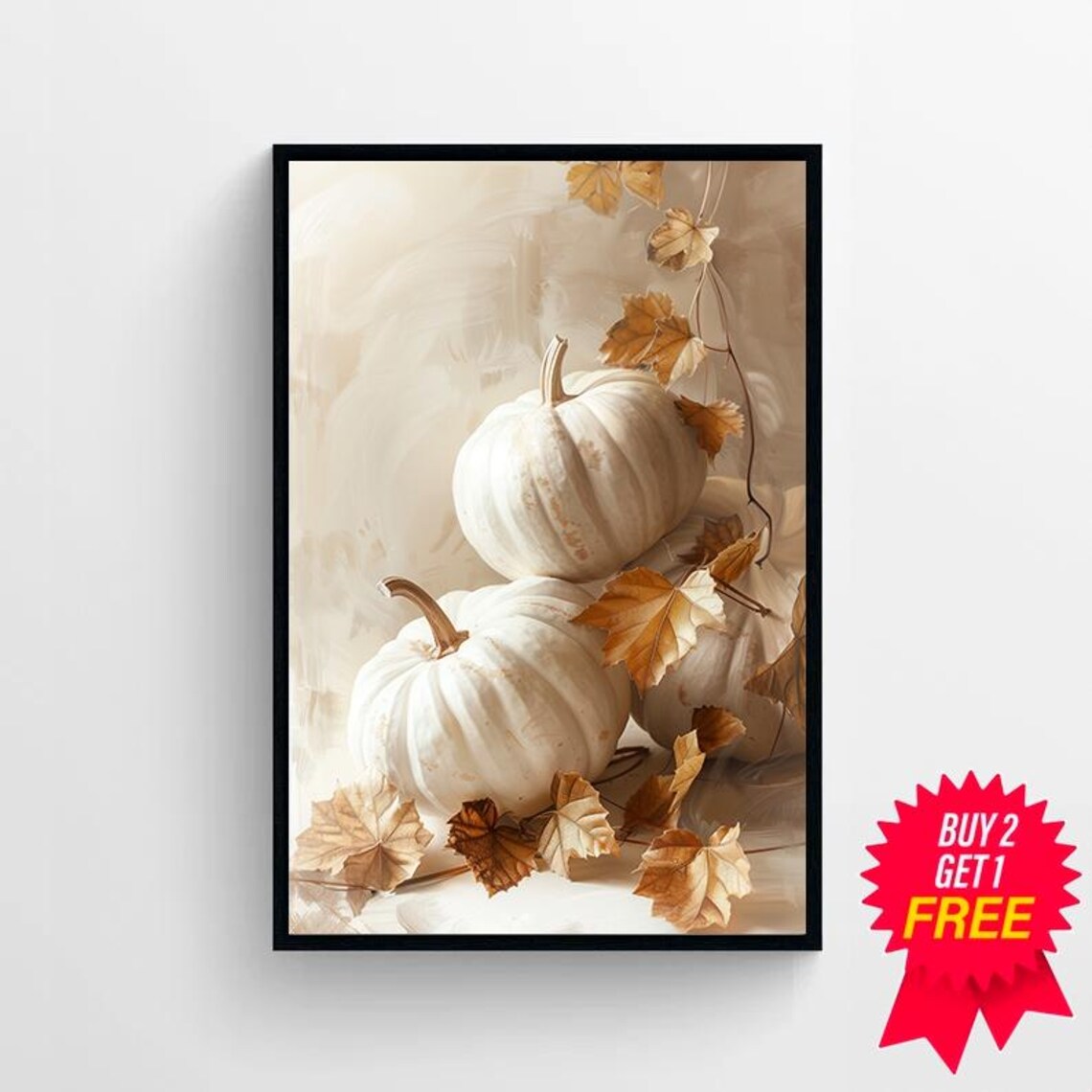 White Pumpkins And Golden Leaves Neutral Fall Harvest Art Poster - Image 4