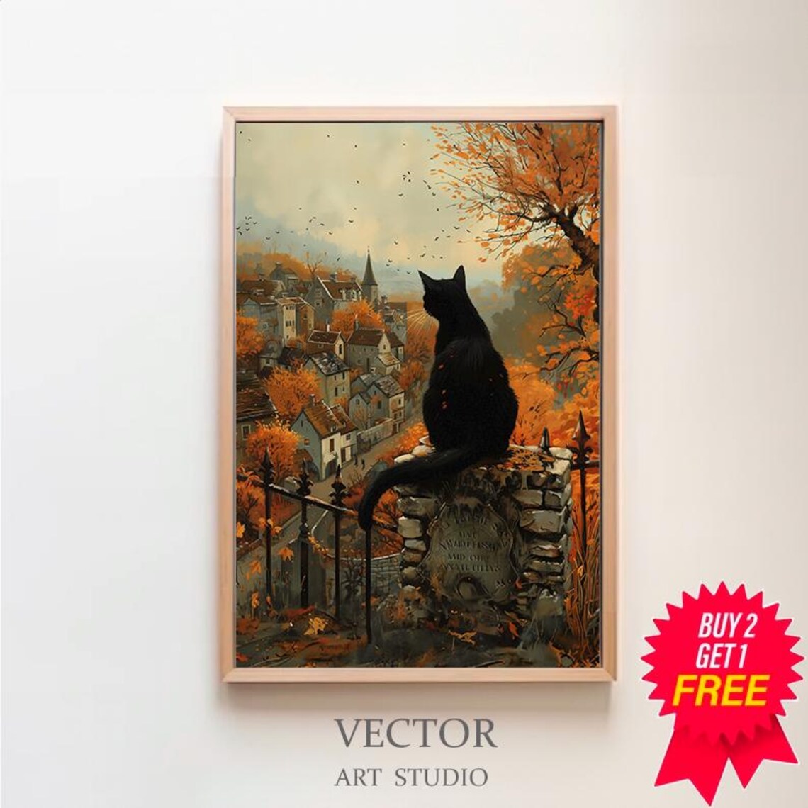 Salem Vintage Travel Poster, Black Cat Witchcraft